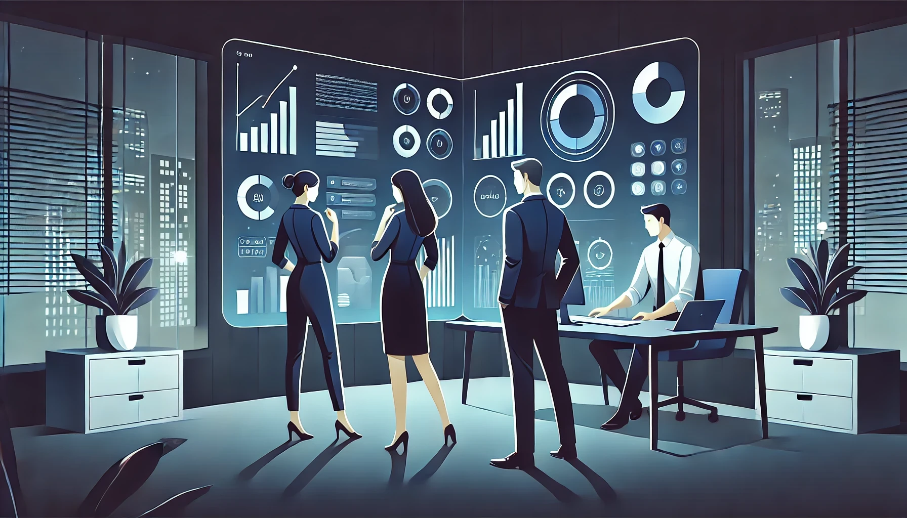 Business team analyzing data on a futuristic screen